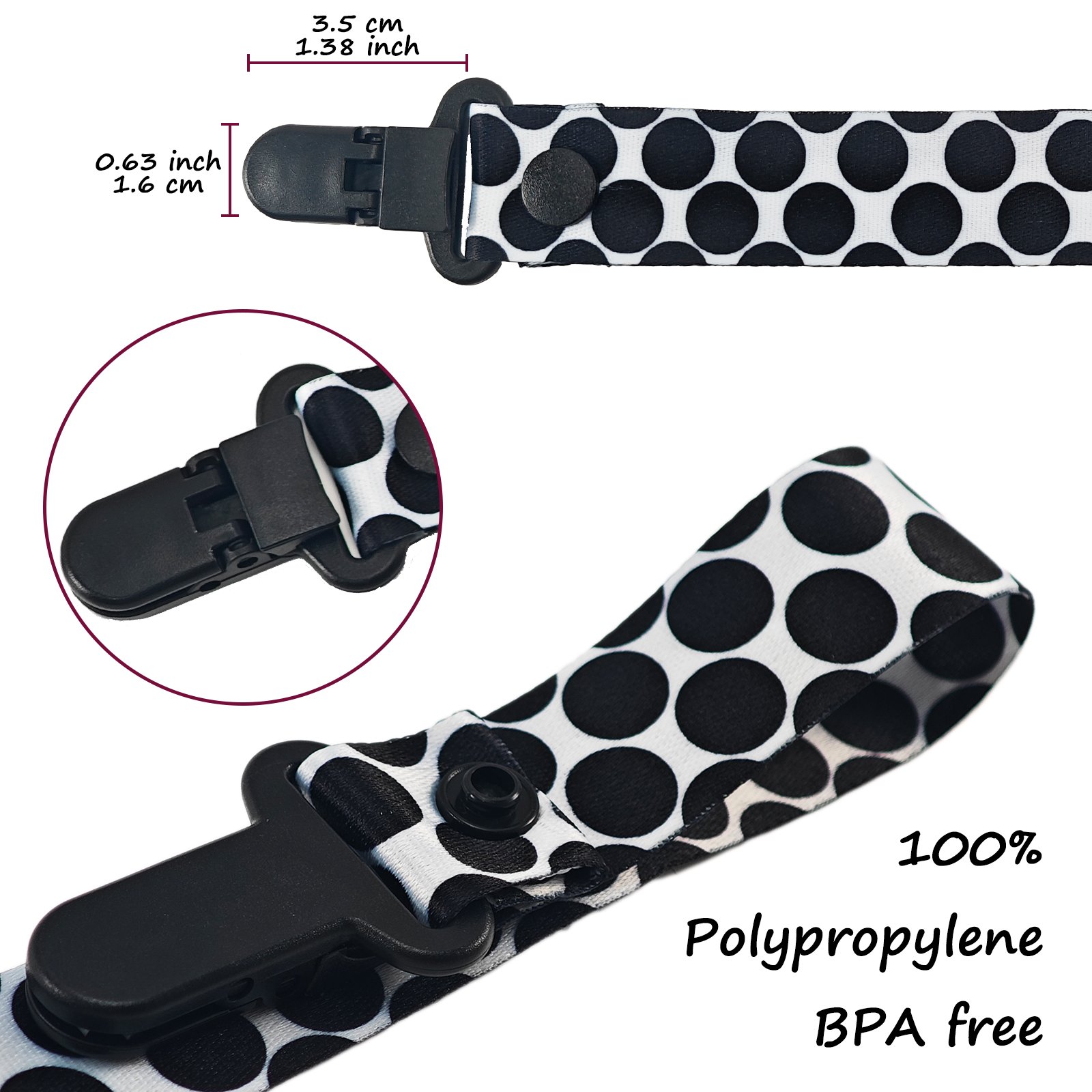 Black polka dots (4) Adult Pacifier Clip